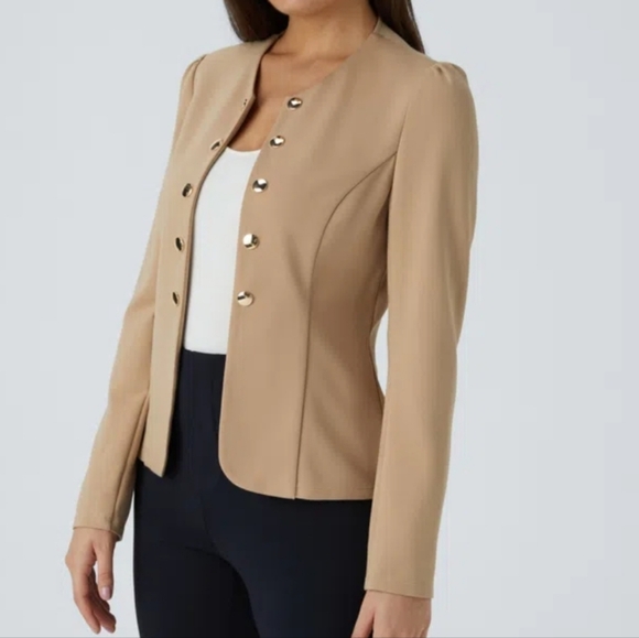 Round Neck Long Sleeve Decorative Button Slim Work Blazer - Picture 9 of 11